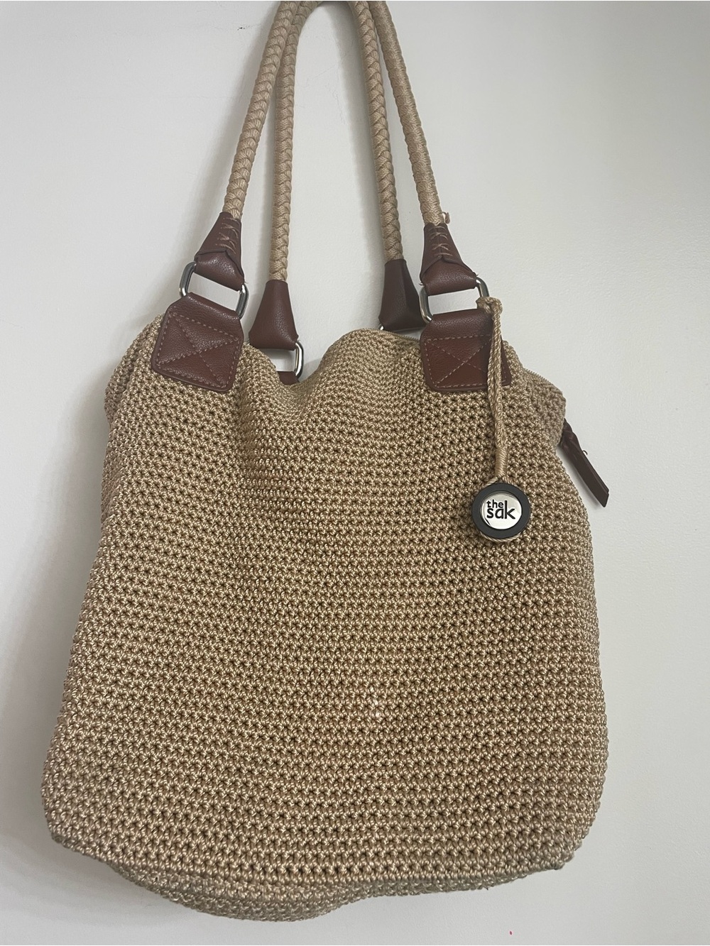 The Sak Tan Woven Tote with Brown Trim and Braided Handles